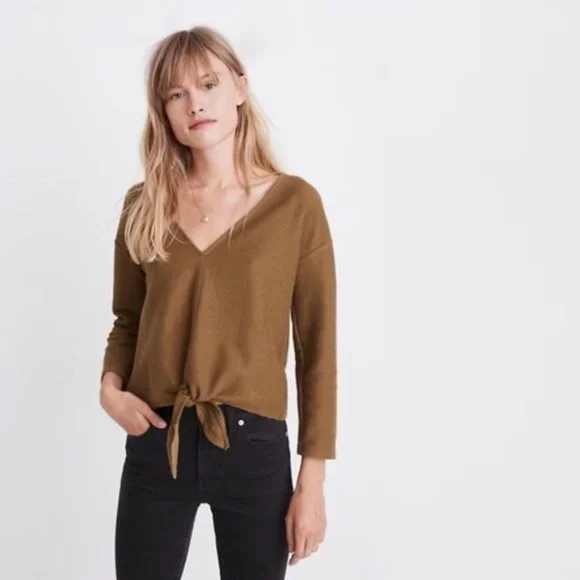 Madewell Shirt Texture Thread Olive Green Crop Top Tie Front Womens XXS - Picture 1 of 8